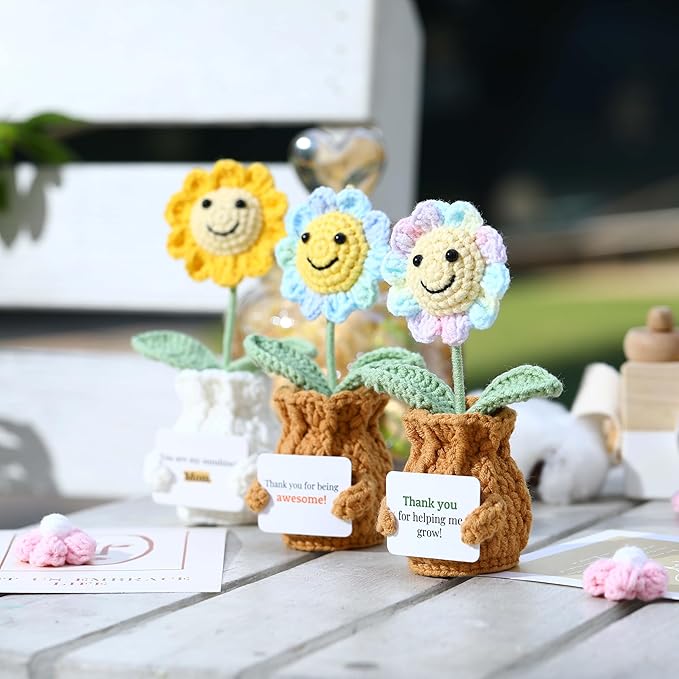 YOOJEE Valentines Day Gift for Mom Crochet Sunflower – You are My Sunshine! Mom! Crochet Gift from Daughter Son Kid - Handmade Knitted Sunflower Pot for Women, Appreciation Gifts Crochet Plant