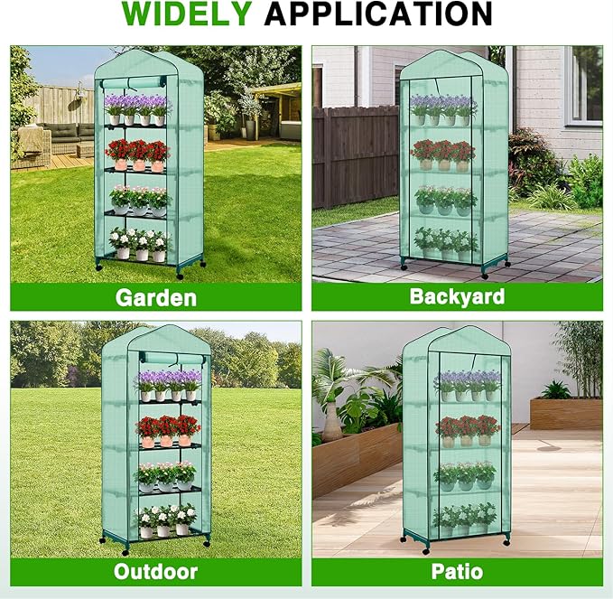 Yesker Mini Greenhouse 27"x20"x63" Portable Indoor / Outdoor Small Green House with 4 Tier 4 Shelves Wheels Thicken PE Cover Compact Greenhouses Kit for Winter Gardening Balcony Patio Backyard, Green