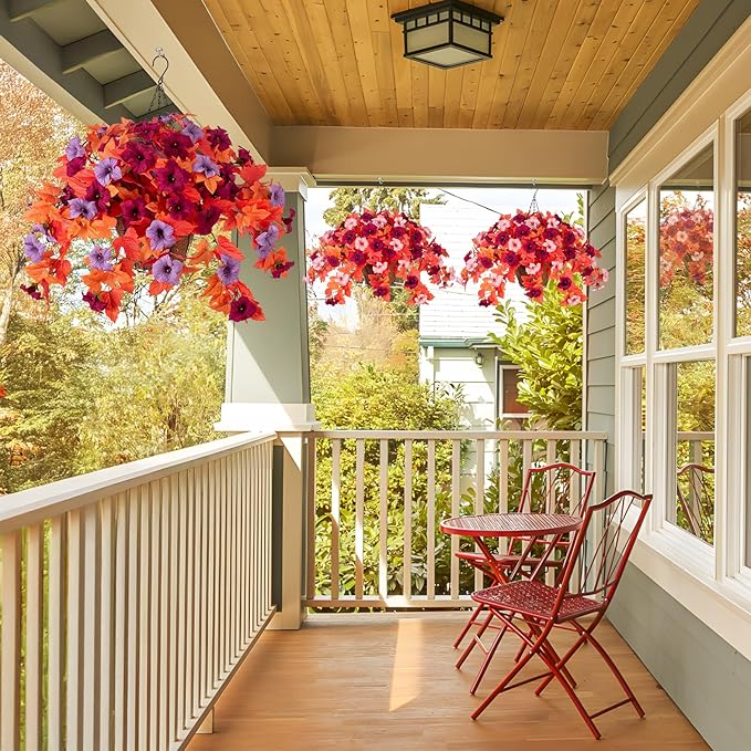Fake Fall Flowers for Outdoor Decor 2 Pcs Artificial Flowers Fake Faux Silk Petunias Fall Plants, UV Resistant Flower for Garden Porch Patio Balcony Thankgiving Decoration (Burgundy Purple)