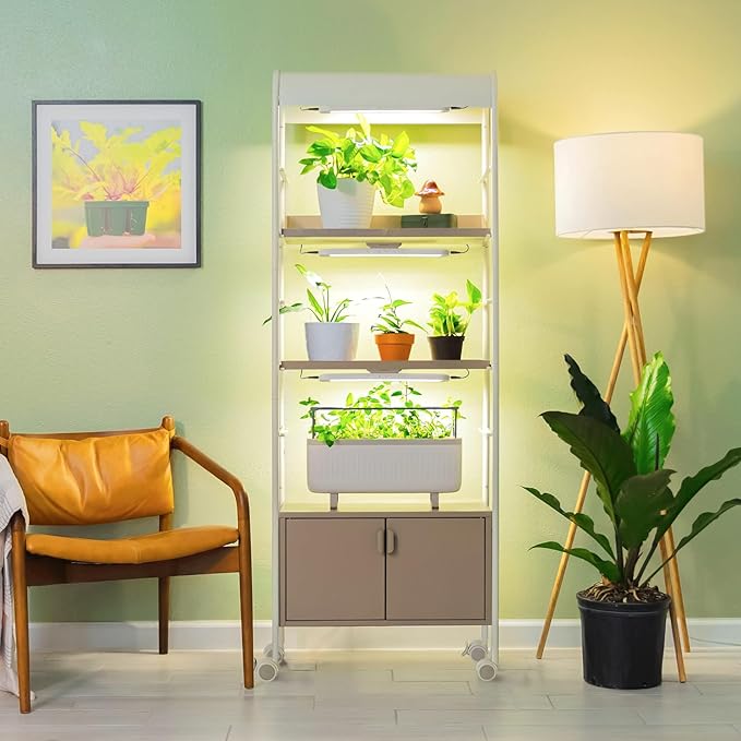 Vego garden 4 Tier Rolling Metal Corner Plant Stand Indoor with Grow Light, Display Shelf with Storage & Full Spectrum LED Grow Light, Plant Rack for Seed Starting, Leafy, Herbs, Fruits & Microgreens