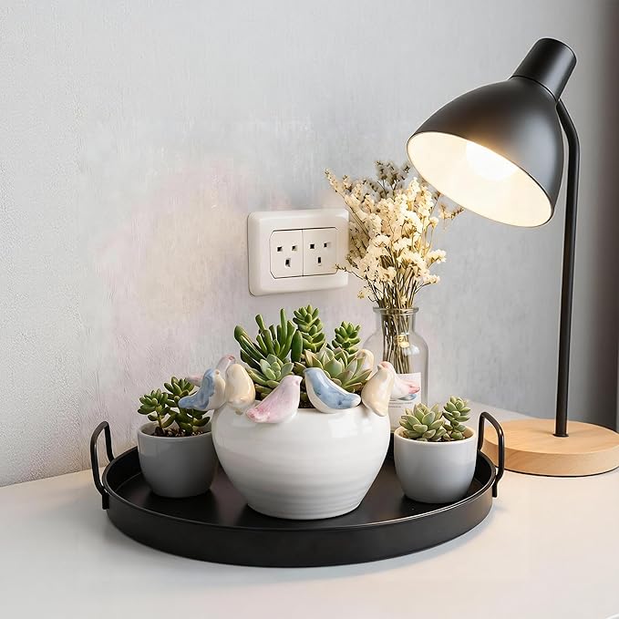 ZSHAWN Stoneware Planter with Colorful Birds on Rim, Reactive Glaze Decorative Flower Pot for Indoor Plants, Vintage Cottagecore Bird Planter, Ceramic Pot for Succulents, Tabletop Home Décor Accent