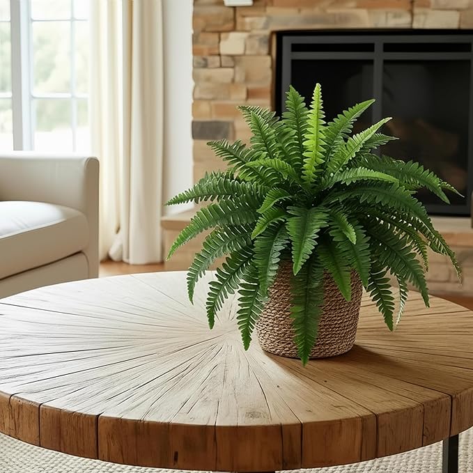 Richeerca Fake Ferns, 35IN Large Fake Bush Plants, 2 Articial Boston Ferns with 39 Fronds for Outdoor Hanging Planter Garden Porch Entrance Home Decor