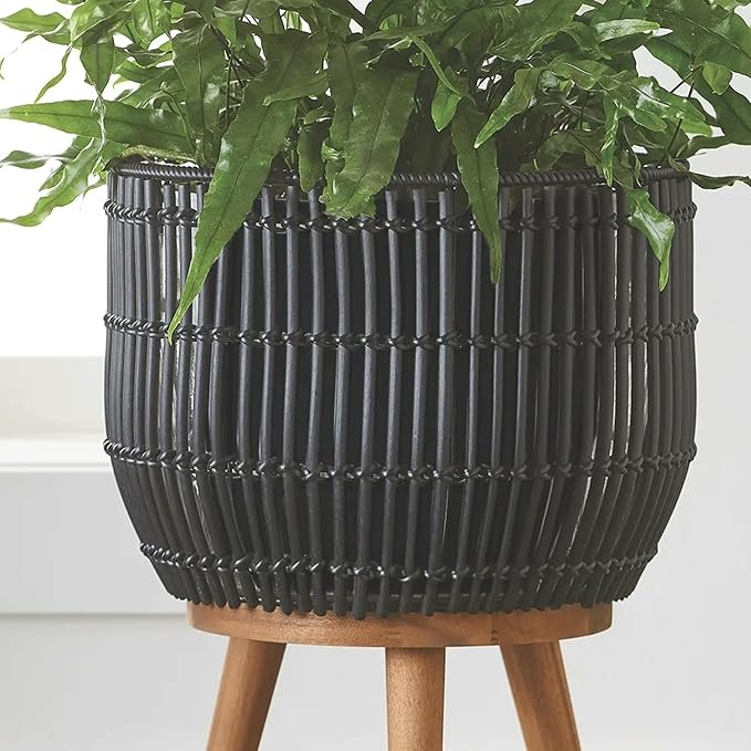 13.5" Round Resin Planter with Wood Legs – Handwoven Rattan Style Indoor/Outdoor Plant Pot – Includes Plastic Insert & Steel Frame – Black (Planter & Stand Set)