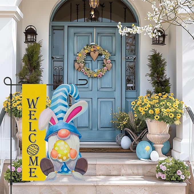 Welcome Easter Gnome Garden Flag, Gnome with Bunny Ears Eggs Blue Yard Outside Decorations, Outdoor Small Vertical Decorative Blackout Flags Double Sided 12 x 18
