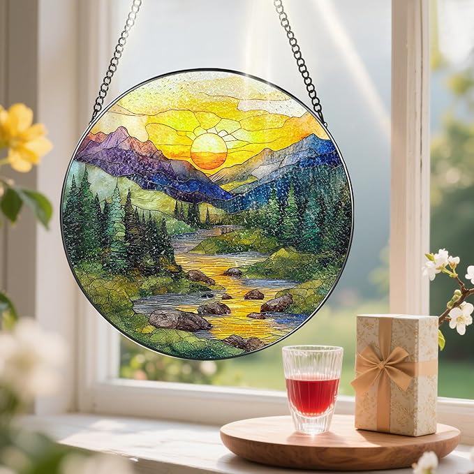 8-Inch Stained Glass Ornament, Nature Suncatchers for Window Hanging, Window Hanging Decor Suncatcher, Mountain Range Ornament | Holiday, Mother’s Day, Christmas, Housewarming | Gifts for Mom &Friend