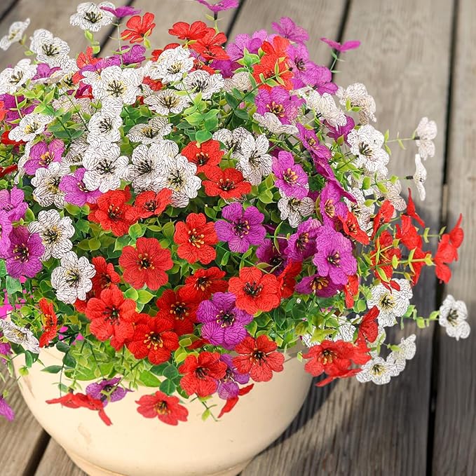 ATTGREAT Artificial Spring Flowers Outdoors UV Resistant Plastic Flowers Outdoors Faux Flowers Fake Plants Outside for Garden Porch Planters Silk Flowers Daisy Decor, 6 Bundles (Mix White Red Purple)