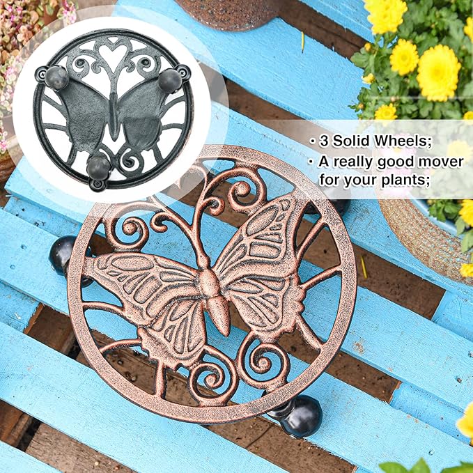 Sungmor Heavy Duty Cast Iron Plant Caddy with Wheels - 2 Pack Vintage Butterfly Design Plant Stand, Metal Rolling Plant Tray for Indoor & Outdoor Use - 11 Inch, Antique Bronze