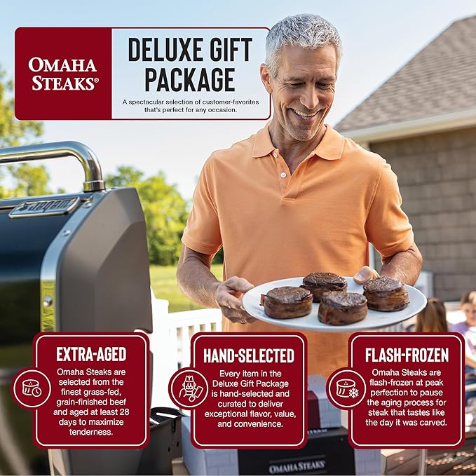 Omaha Steaks Deluxe Package, Gift-Ready or Stock Up, 21 items,12 entrees - 4 Bacon-Wrapped Filet Mignons, 4 Steak Burgers, 4 Gourmet Jumbo Franks, 4 Au Gratin Potatoes, 4 Caramel Apple Tartlets, 1 jar Omaha Steaks Seasoning