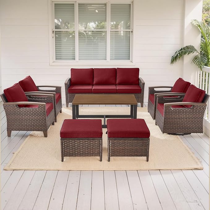 Rilyson Wicker Outdoor Patio Furniture Set - 8 Piece Patio Conversation Sets with Swivel Rocker Chairs, Chairs, Ottomans, Sofa and Coffee Table, Thick Cushions, for Porch Deck Brown/Red