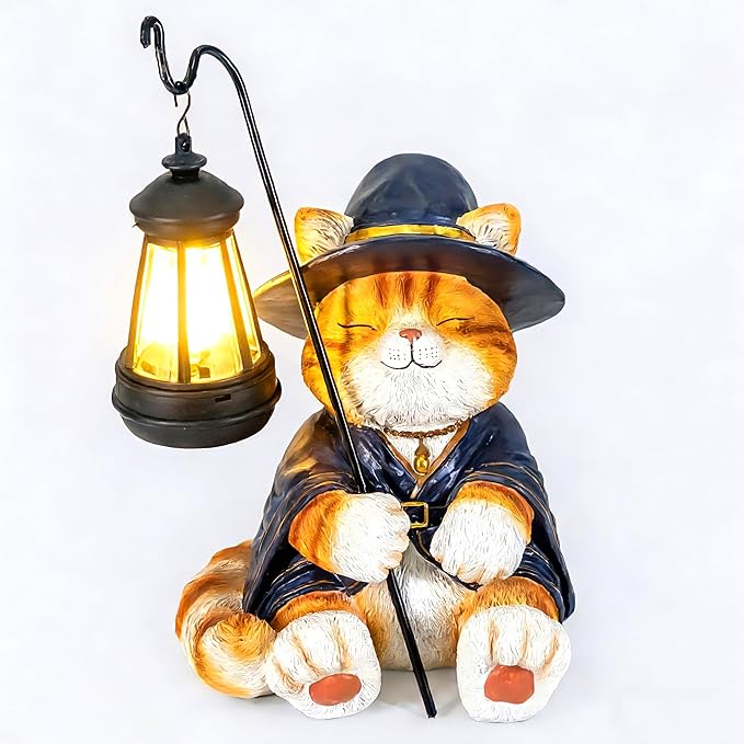 Decorative Solar Lights Garden Cat Statue Outdoor Figurine Light Themed Wizard Cat Lantern for Garden Decoration Outdoor Decor