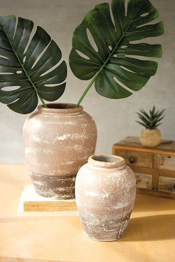 MY SWANKY HOME Ceramic Two Tone Rustic Urn Set 2 Earth Tones Container Flower Vase Planter