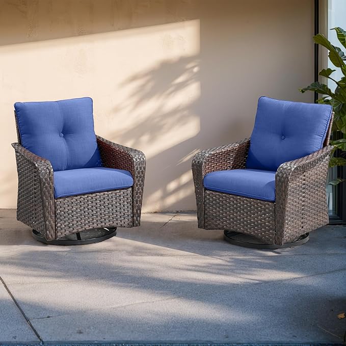 Rilyson Outdoor Patio Swivel Rocker Chairs - 4 PC Wicker Rattan Patio Rocking Glider Chair Set with High Back,Comfy Cushions and Deep Seating for Porch Deck Backyard Garden(Brown/Blue)