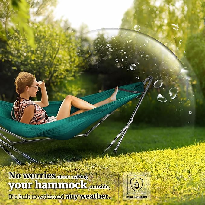 Tranquillo Adjustable Collapsible Hammock with Stand – Picnic Hammock Stand and 2 Layered Polyester Hammock Net for 2 Persons with Carry Bag, Peacock
