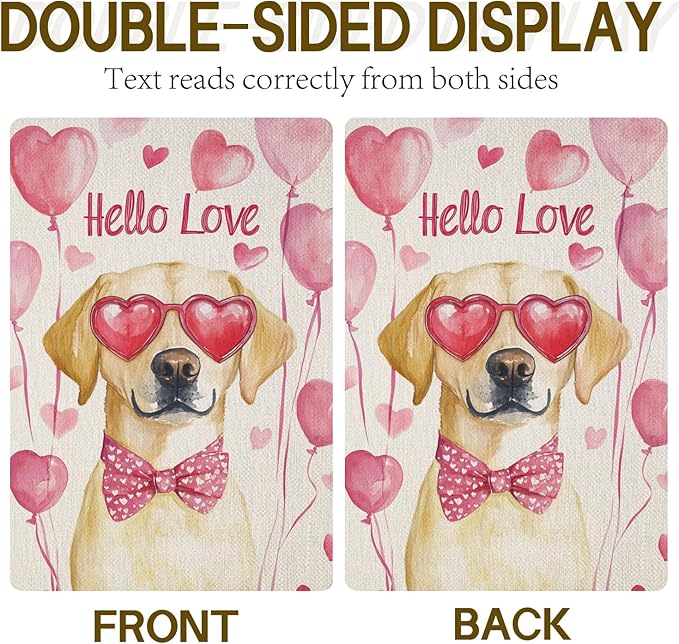 Valentine's Day Labrador Retriever Hello Love Garden Flag, House Yard Plaid Love Heart Outside Decoration, Spring Holiday Wedding Anniversary Outdoor Small Decor 12x18(12631)