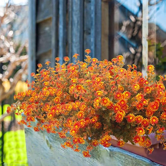 Grunyia 12 Bundles Artificial Fall Flowers for Outdoors Fake Plants - Faux Outside Greenery Boxwood No Fade Plastic Shrubs Decor Farmhouse Home Garden Thanksgiving (Fall Red)