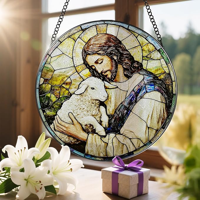 8 Inches Jesus Holding Lamb Painted Stained Glass Suncatcher, Christian Ornament, Window Hanging Decor, Christmas Decor, Christian Gift, Religious Gift, Gifts for Christmas