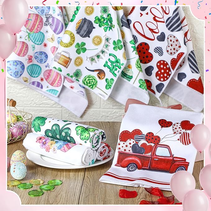 Hahafelt 12 Pcs Valentine's Day Kitchen Towels, St. Patrick's Day Easter Hand Towels Seasonal Holiday Decorative Dish Decor with Truck Shamrocks Bunny Absorbent Soft for Kitchen Bathroom,16 x 24 Inch