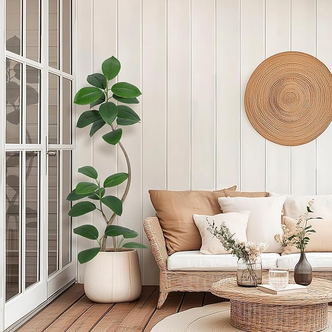 Artificial Rubber Tree for Home Décor – Tall Faux Fiddle Leaf Fig with Real Touch Leaves – Black or White Planter & White Stones – Lifelike Exotic Indoor Floor Plant – 6FT