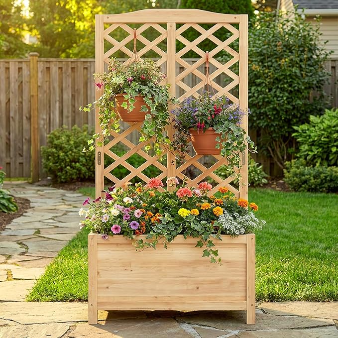 Wooden Raised Garden Bed with Trellis, Freestanding Planter Box with Drainage for Vines Climbing Plants Flowers Herbs, Elevated Gardening Planter for Backyard Balcony Patio