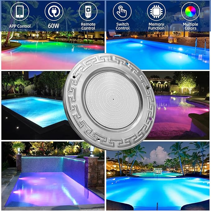 Pool Lights for Inground Pool, 60W 10 Inch LED Inground Pool Light with Controller, Remote and APP Control for Wet Niche, Color Changing Underwater Swimming Pool Lights with 50 Foot Cord