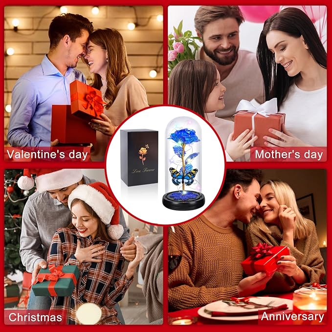 Valentines Day Rose Gifts for Her Birthday Gift for Women, Rechargeable Galaxy Glass Rose in Glass Dome Crystal Eternal Roses Butterfly Valentine Gifts for Women Daughter Mom Wife Girlfriend Blue