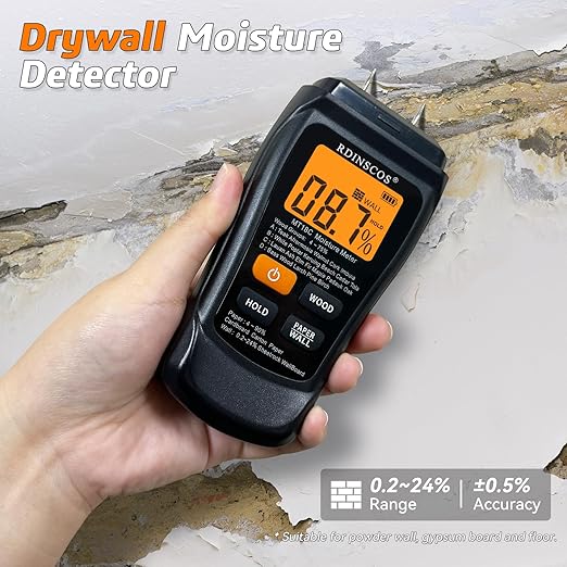 RDINSCOS Moisture Meter for Wood, Drywall, and Building Materials – Digital Moisture Detector with Fixed Pins, 4 Material Modes, LCD Display, for Home Inspection and Firewood Testing