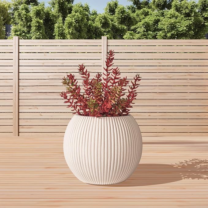TerraDeco 16 Inch Handmade Outdoor Planter - Classic Striped Design | Fiberglass & Composite Material | Durable for Commercial & Home Decor