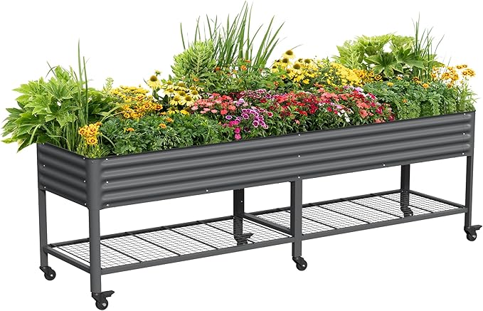Rolling Elevated Raised Garden Bed - Jumbo Series, 2.5' x 10' Outdoor Planters Boxes with Legs & Storage Rack for Patio, 2000+ Lbs Weight Capacity, Raised Beds for Gardening Herbs Flowers, Modern Gray