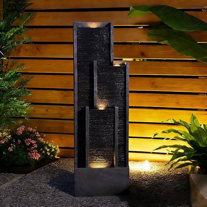 40.5" H Large Modern Indoor Water Fountains - Floor Standing Waterfall Fountain for Indoor or Outdoor with LED Light and Pump for Deck, Patio, Porch, Garden, Yard Decor, Outside Water Feature