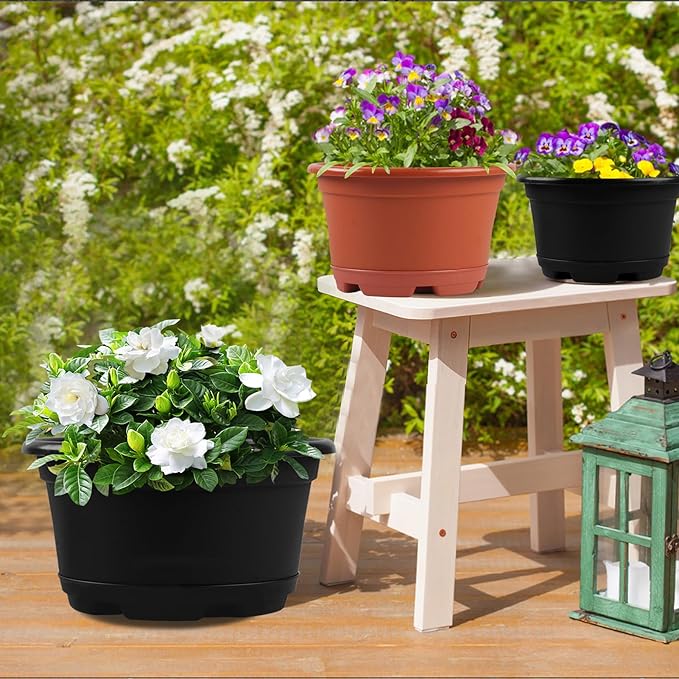 KPUVX 5 Pack 8.5 inch Plant Pot,Outdoor Flower Pots,Plastic pots for Plants Indoor with Drainage Holes and Trays, Decorative Garden Containers Sets for Houseplants