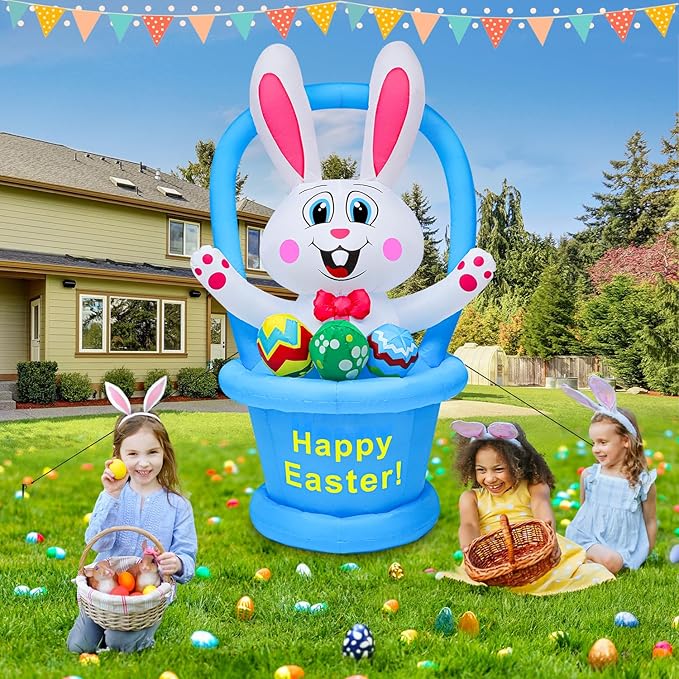 5 Ft Easter Inflatables Yard Decorations, Blow up Easter Bunny with LED Lights Basket Light up Outdoor Decor for Holiday Party Indoor Outdoor Garden Lawn