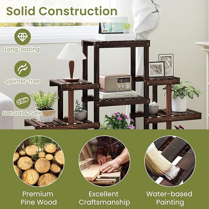 COSTWAY 6-Tier Multifunctional Wood Flower Stand, Shelf Holder for Multiple Plants, Freestanding Plant Rack for Garden, Patio, Balcony, Living Room, Indoor, Outdoor