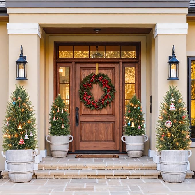 EverNature 4FT Artificial Topiary Cedar Trees, 2Pack Realistic Faux Cypress Plants with Pot, Fake Bushes Pine Tree for Outdoor Front Porch Garden Indoor Christmas Home Decor