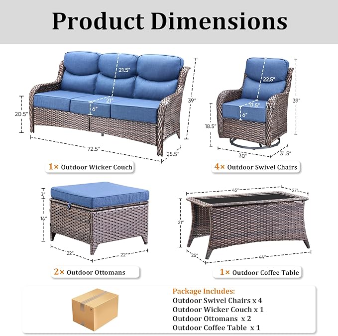 Luxury High Back Patio Furniture Set with 6-Inch Thick Cushions, 8-Pieces Outdoor Furniture with Swivel Chairs, Wicker Conversation Set for Porch, Balcony, Deck and Yard, Brown/Blue