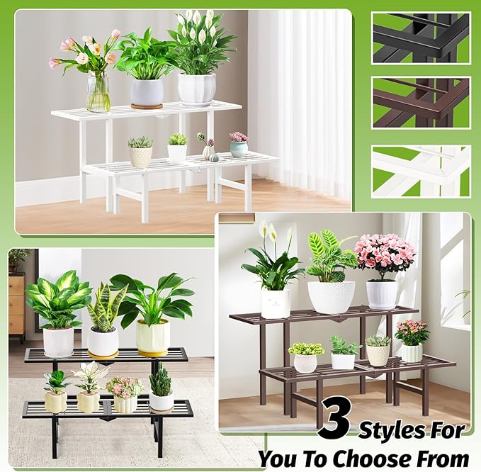 jsyonii 2 Tier Plant Stand Indoor Outdoor, Foldable Metal Ladder Plant Stands,Heavy Duty Tall Plant Shelf Flower Pot Holder Display Shelving for Garden Living Room Patio,Brown