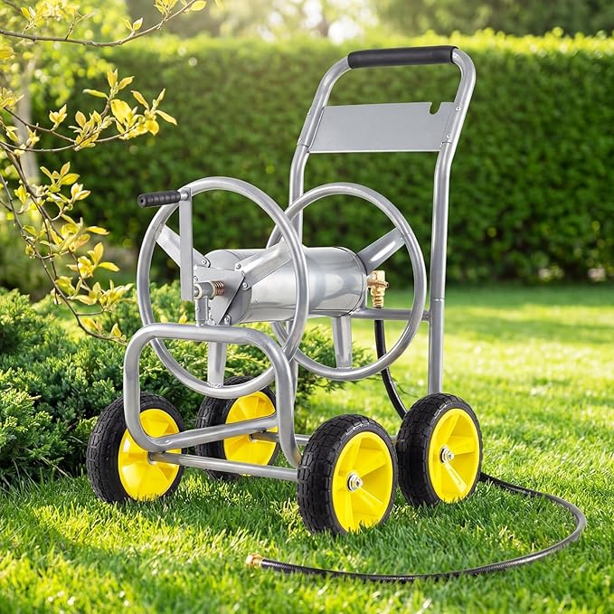 Garden Hose Reel Cart, Mobile Water Hose Cart with Heavy-duty Metal Frame & 4 Solid Wheels, Hold up to 330 ft of 5/8" Hoses, Outdoor Planting Tool for Lawn & Backyard (Silver)
