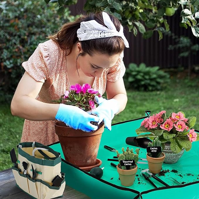 44pcs Small Gardening Tools Gifts for Women Beginners - Garden Hand Tools Set for Indoor Succulent Bonsai Plants Transplanting, Included Bag/Repotting Mat/Shovel/Labels, Green