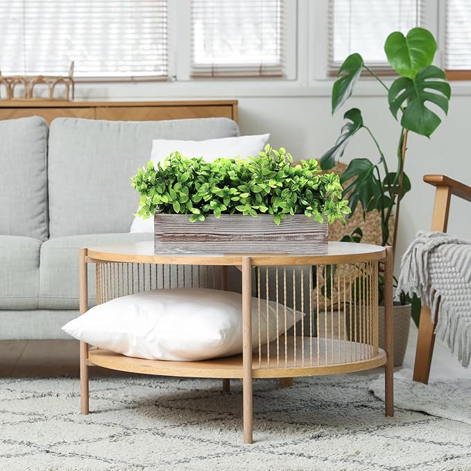 Lyrow 2 Pack Artificial Eucalyptus Plant in Rectangular Rustic Wooden Planter Box Faux Potted Herb Plant Table Centerpiece for Kitchen Windowsill Shelf Decor (White,16 '')