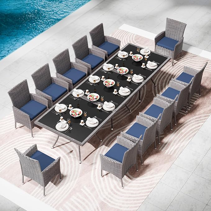 15 Piece Outdoor Dining Set,Rattan Patio Conversation Set of 12 Chairs,Patio Dining Table and Chairs w/Cushions,Square Glass Tabletop,Umbrella Cutout for Patio,NavyBlue