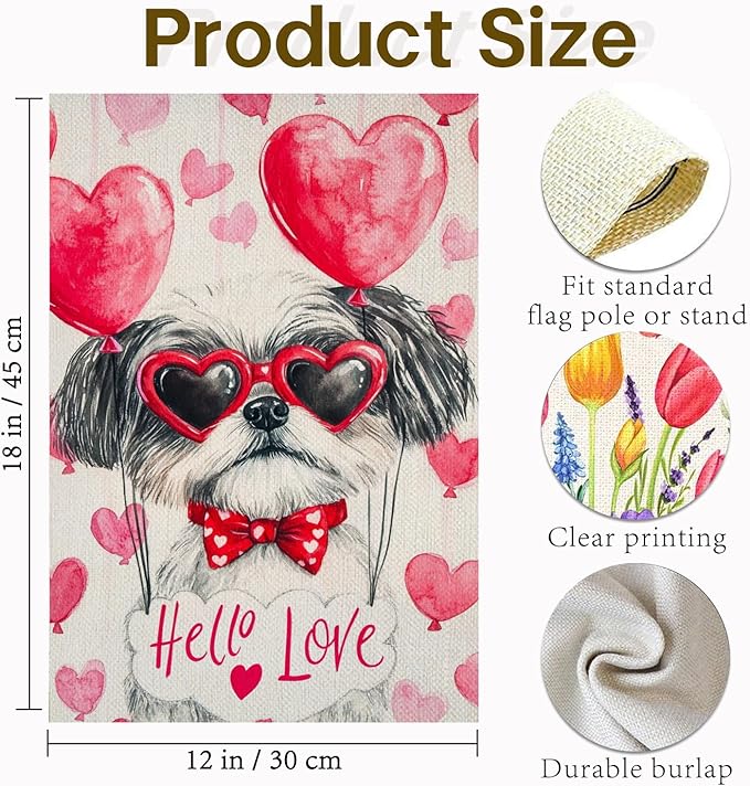 Valentine's Day Shih Tzu Hello Love Garden Flag, House Yard Plaid Love Heart Outside Decoration, Spring Holiday Wedding Anniversary Outdoor Small Decor 12x18(12640)