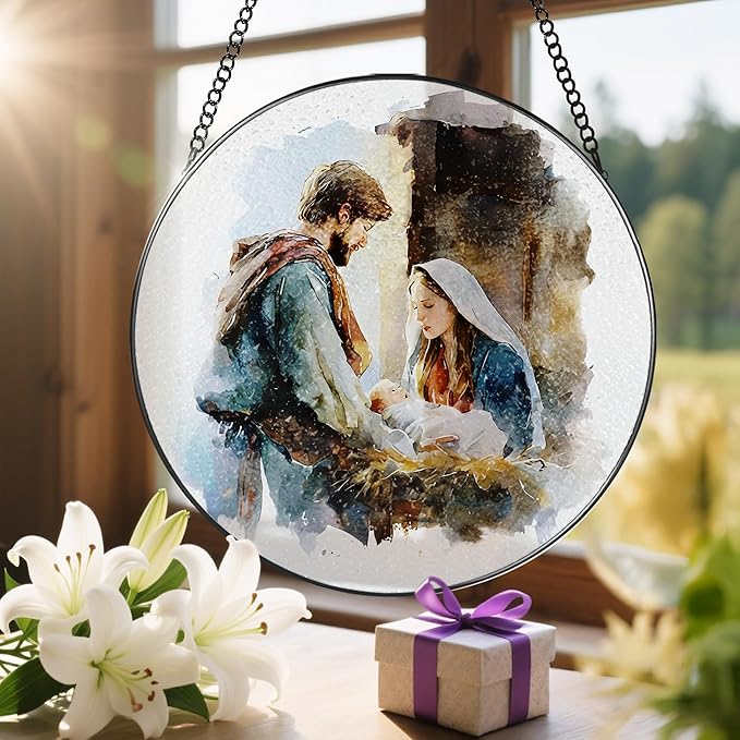 Stained Glass Suncatcher, Sun Catcher Window Indoor, Religious Ornament; Stained Glass Window Hanging, Nativity Scene Christmas Decor, Christian Home Decor; Christian Gifts, Religious Gifts