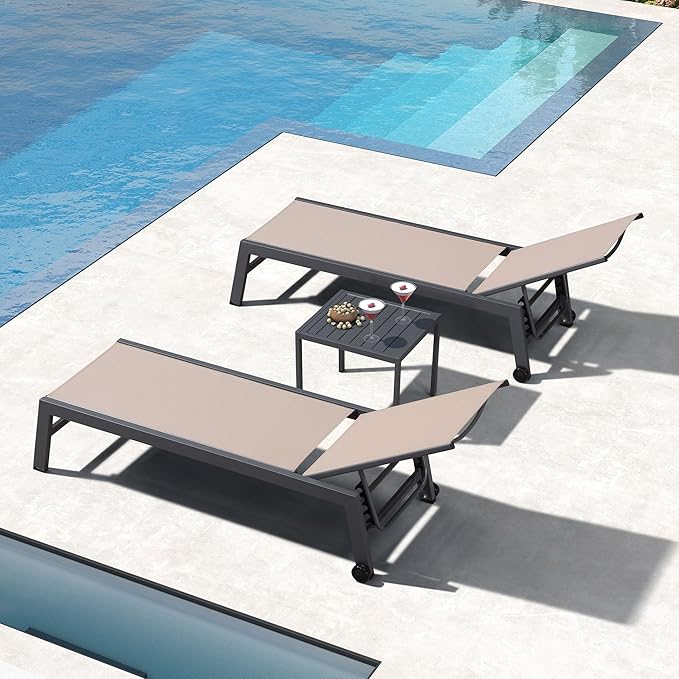 PURPLE LEAF Patio Chaise Lounge Set for 2 Outdoor Chaise Lounge Chair with Aluminum Frame and Easy-to-Move Wheels Pool Lounge Chairs for Deck Yard Poolside Table Included, Sand Beige