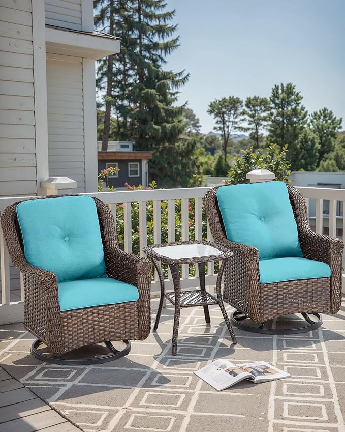 Patio Chairs Outdoor Swivel Glider - Set of 2 High Back Outside Brown Wicker Rattan Rocking Chair with Thick Cushion for Porch Apartment Deck Yard Poolside Garden - Turquoise
