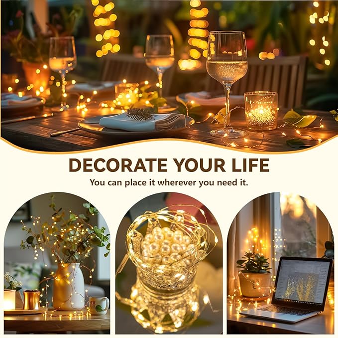 HXWEIYE Rechargeable Fairy Lights Battery Operated, DIY Timer & 8 Modes, 2 Pack 16FT 50LED Twinkle String Lights Indoor, Led mini Lights for Bedroom Wedding Dorm Christmas Tree Decor (Warm White)