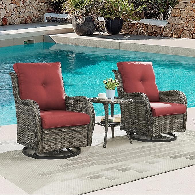Rilyson Wicker Rocking Chair Swivel Chairs - 2 Piece Rocker Patio Chairs Set Rattan Rocking Chair for Outdoor Porch Deck Garden Backyard (Mixed Grey/Red)