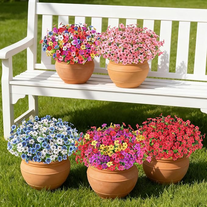 16PCS Artificial Flowers for Outdoors, Realistic Fake Silk Flowers for Outside, No Fade Faux Eucalyptus Plants for Outdoor Planter, Window Box, Hanging Basket - Porch Patio Garden Decor
