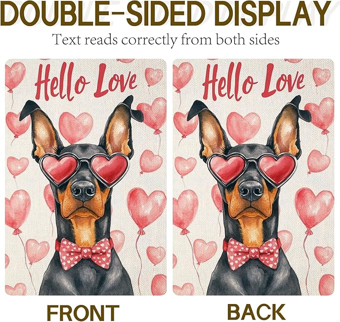 Valentine's Day Doberman Hello Love Garden Flag, House Yard Plaid Love Heart Outside Decoration, Spring Holiday Wedding Anniversary Outdoor Small Decor 12x18(12647)