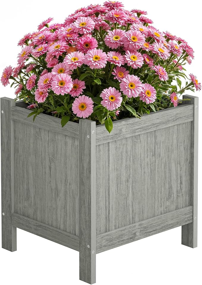 LUE BONA Outdoor Plant Pots, 13.7" x 12.5" x 14.5" Flower Pots with Drainage Holes, Outdoor Planters Boxes for Outdoor Plants - Porch Patio, Garden or Entryway, Light Gray-Oil Printed