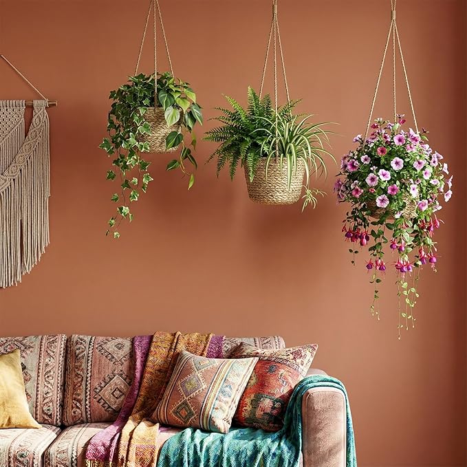 6 Pcs Seagrass Hanging Planter Basket Hand Woven Plant Basket with Plastic Liners Hanging Plant Holder Storage Containers with Cotton Rope for Indoor Outdoor Garden Home Decor (Brown)