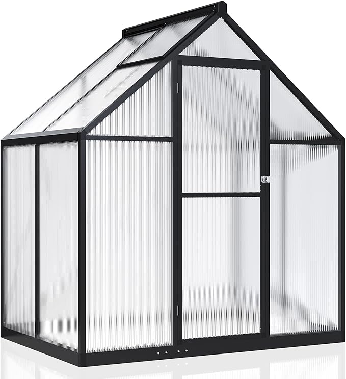 WKM 4x6 FT Greenhouse for Outdoors, Quick-fit Structure Polycarbonate Green House with Window for Ventilation, Walk-in Aluminum Greenhouse for Outsides Garden Backyard, Black